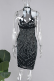 Black Elegant Hot Drilling Patchwork Feathers O Neck Wrapped Skirt Dresses