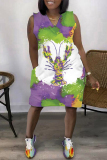 Khaki Casual Print Basic V Neck Sleeveless Dress Dresses