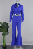 Blue Elegant Solid Patchwork Buckle Cross Straps Shirt Collar Long Sleeve Two Pieces