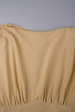 Khaki Elegant Solid Patchwork Draw String Fold O Neck One Step Skirt Dresses