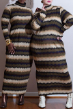 Brown Casual Color Block Patchwork Pocket Contrast Half A Turtleneck Long Dress Dresses