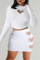 White Casual Solid Hollowed Out Patchwork Hot Drill Turtleneck Long Sleeve Two Pieces