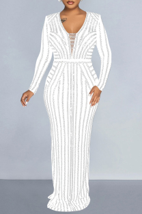 White Elegant Patchwork Slit Hot Drill Long Dress Dresses