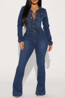 Deep Blue Casual Solid Buttons Turndown Collar Skinny Jumpsuits