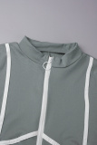 Grey Casual Print Patchwork Contrast Zipper Zipper Collar Skinny Jumpsuits