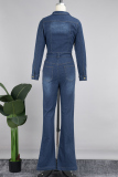 Deep Blue Casual Solid Buttons Turndown Collar Skinny Jumpsuits