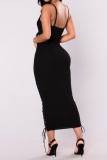 Black Sexy Casual Solid Patchwork Frenulum Backless Spaghetti Strap Long Dress Dresses