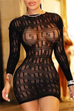 Black Sexy Solid See-through O Neck Long Sleeve Dresses