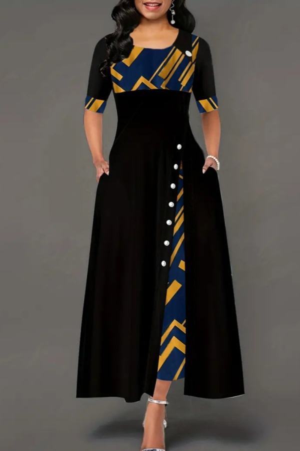 Black Casual Print Patchwork O Neck Long Dress Dresses