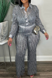 Silver Sexy Party Elegant Tassel Sequins Turndown Collar Long Sleeve Two Pieces