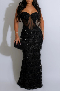 Black Sexy Formal Patchwork Tassel Sequins Backless Spaghetti Strap Long Dress Dresses