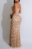 Apricot Sexy Formal Patchwork Tassel Sequins Backless Spaghetti Strap Long Dress Dresses