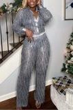 Silver Sexy Party Elegant Tassel Sequins Turndown Collar Long Sleeve Two Pieces