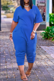 Blue Fashion Casual Solid Basic V Neck Plus Size Jumpsuits
