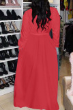Red Casual Solid Bandage Patchwork Buckle Turndown Collar Straight Dresses