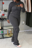 Dark Gray Casual Solid Basic Hooded Collar Long Sleeve Two Pieces