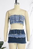 Blue Sexy Street Solid Make Old Patchwork Strapless Sleeveless Two Pieces