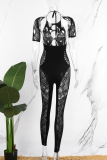 Black Sexy Solid Hollowed Out See-through Hot Drill O Neck Skinny Jumpsuits