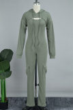 Gray Green Casual Solid Basic Hooded Collar Long Sleeve Two Pieces
