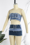 Blue Sexy Street Solid Make Old Patchwork Strapless Sleeveless Two Pieces