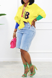 Yellow Casual Letter Patchwork Shirt Collar Tops