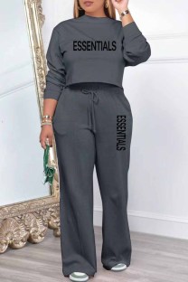 Dark Gray Casual Print Letter O Neck Long Sleeve Two Pieces