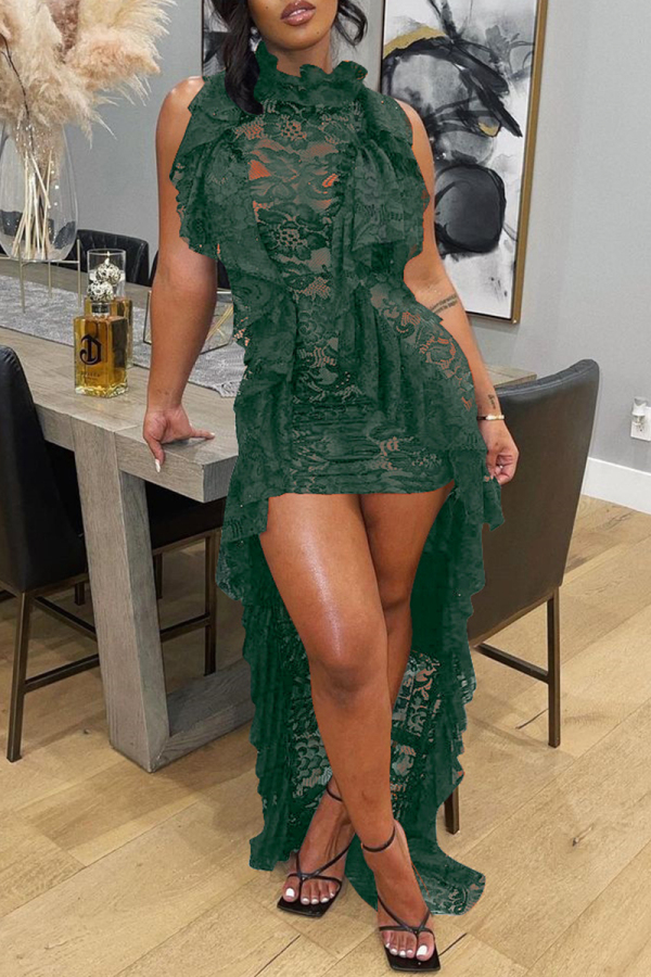 Green Sexy Solid Patchwork See-through Half A Turtleneck Sleeveless Dress Dresses