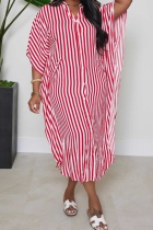Red Casual Striped Print Patchwork V Neck Shirt Dress Plus Size Dresses