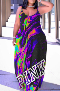 Dark Purple Sexy Casual Print Backless Spaghetti Strap Long Dress Dresses