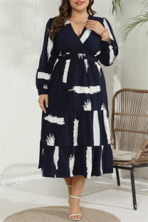 Navy Blue Casual Print Patchwork V Neck Long Sleeve Plus Size Dresses