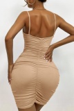 Khaki Sexy Casual Solid Patchwork Backless Fold V Neck Sling Dress Dresses