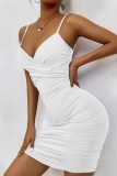 White Sexy Casual Solid Patchwork Backless Fold V Neck Sling Dress Dresses