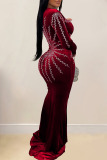 Black Sexy Formal Patchwork Hot Drill V Neck Long Dress Dresses
