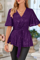 Purple Casual Solid Sequins Frenulum V Neck Tops