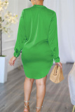 Green Casual Solid Buttons Turndown Collar Shirt Dress Dresses
