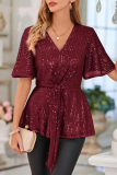 Red Casual Solid Sequins Frenulum V Neck Tops