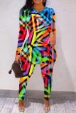 Colour Casual Print Slit O Neck Long Sleeve Two Pieces