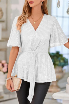 Milky Casual Solid Sequins Frenulum V Neck Tops