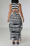 Black White Casual Striped Print Patchwork Half A Turtleneck Sleeveless Two Pieces
