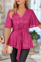 Deep Pink Casual Solid Sequins Frenulum V Neck Tops
