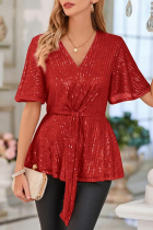 Red Casual Solid Sequins Frenulum V Neck Tops
