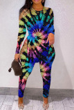 Multicolor Casual Print Slit O Neck Long Sleeve Two Pieces