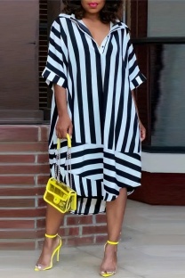 Black Casual Striped Print Patchwork Turndown Collar Dresses