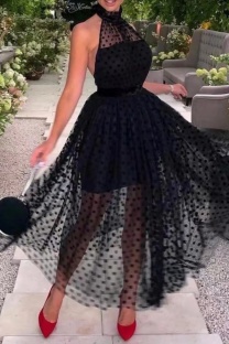 Black Sexy Dot Bandage Patchwork Backless Halter Sleeveless Dress Dresses