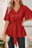 Red Casual Solid Sequins Frenulum V Neck Tops