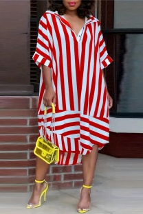 Red Casual Striped Print Patchwork Turndown Collar Dresses