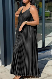 Black Elegant Solid Patchwork Pleated Spaghetti Strap Pleated Dresses