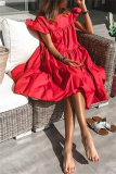 Red Casual Solid Patchwork O Neck Short Sleeve Dress Dresses