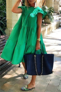 Green Casual Solid Patchwork O Neck Short Sleeve Dress Dresses