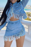 Blue Casual Tassel Patchwork Pocket Buttons Turndown Collar Long Sleeve Two Pieces